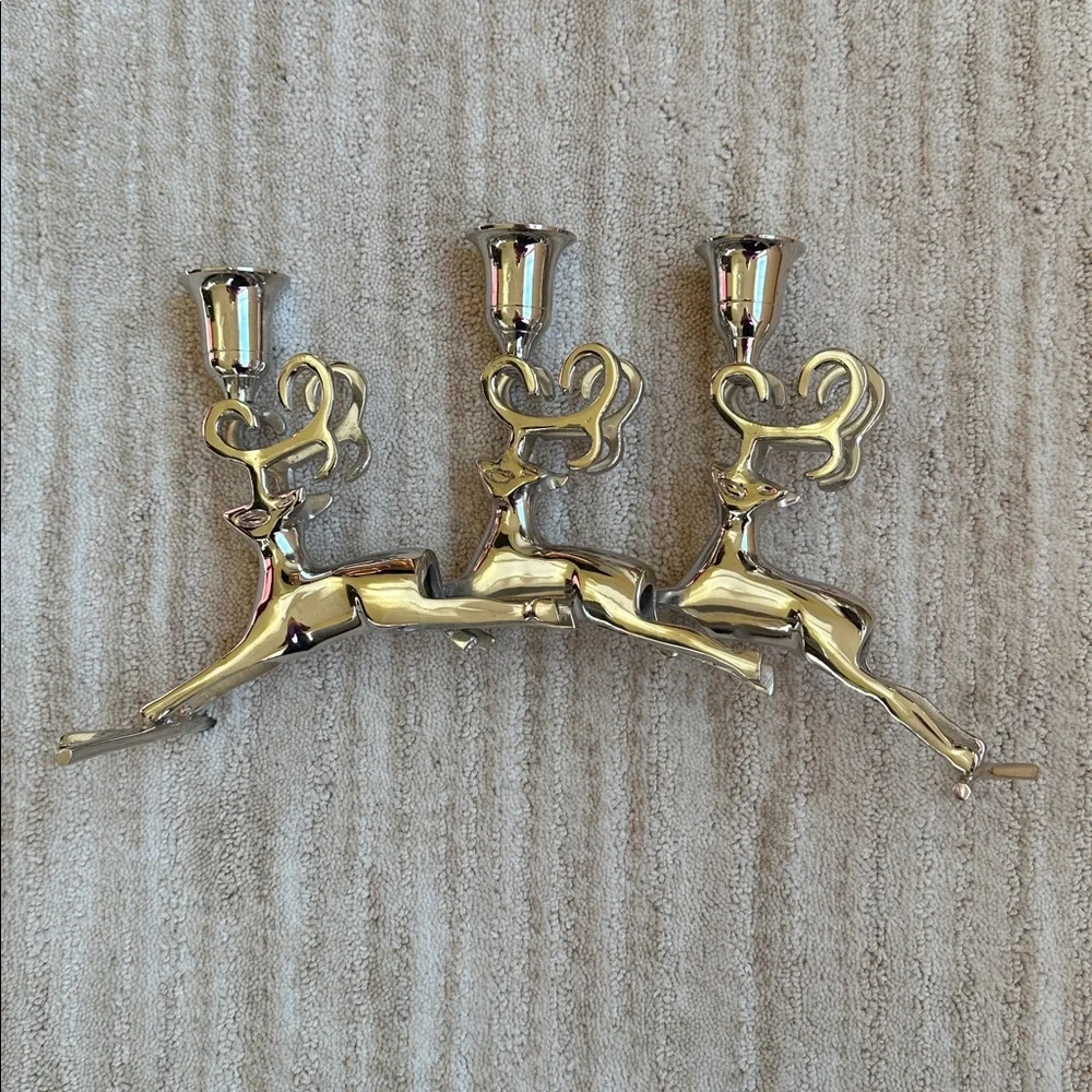 Like New: Christmas Chrome Silver Reindeer Candle Holder Trio Mantle Centerpiece